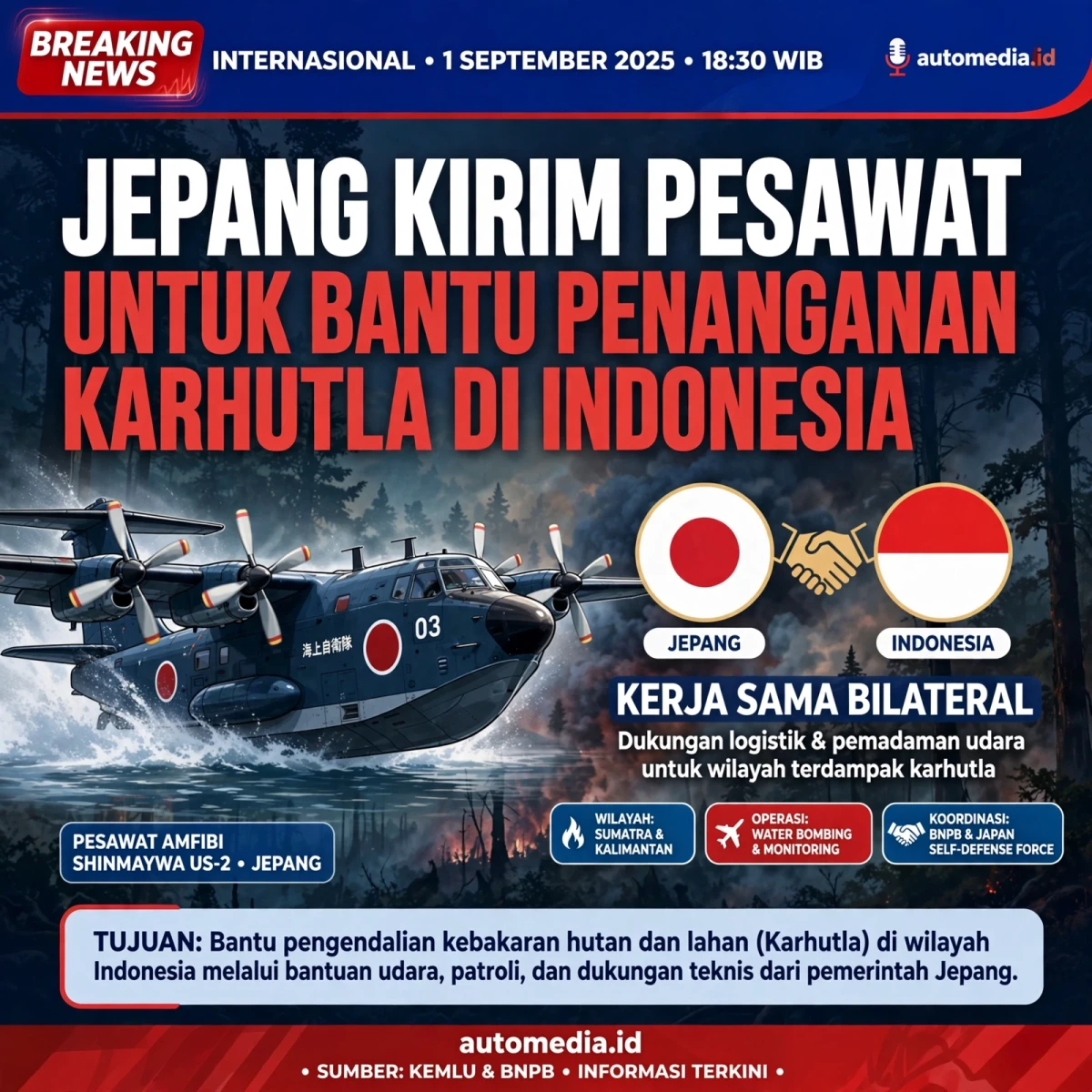 Jepang Kirim Pesawat untuk Membantu Penanganan Karhutla di Indonesia