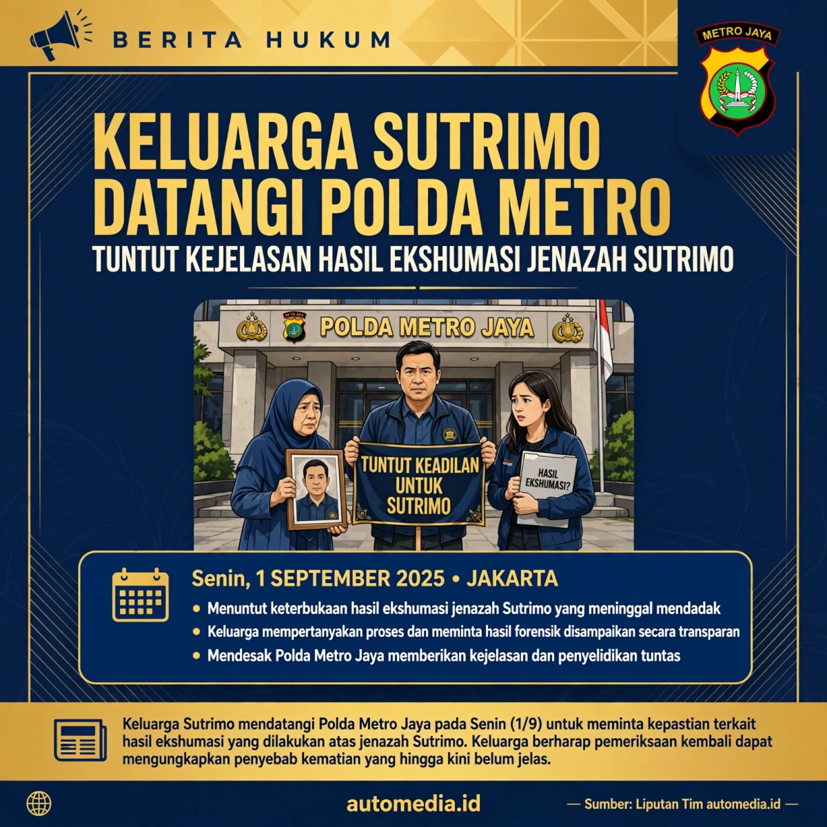 Keluarga Sutrimo Datangi Polda Metro untuk Tagih Hasil Ekshumasi
