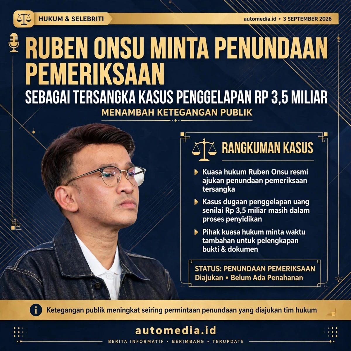Ruben Onsu Minta Penundaan Pemeriksaan Kasus Penggelapan Rp 3,5 Miliar