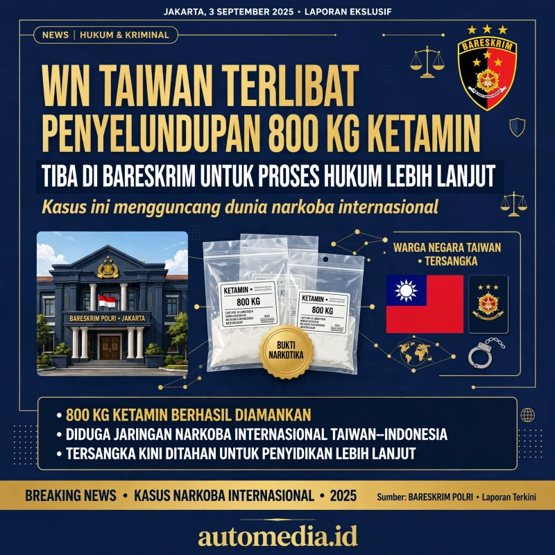 WN Taiwan Tersangka Penyelundupan 800 Kg Ketamin Tiba di Bareskrim