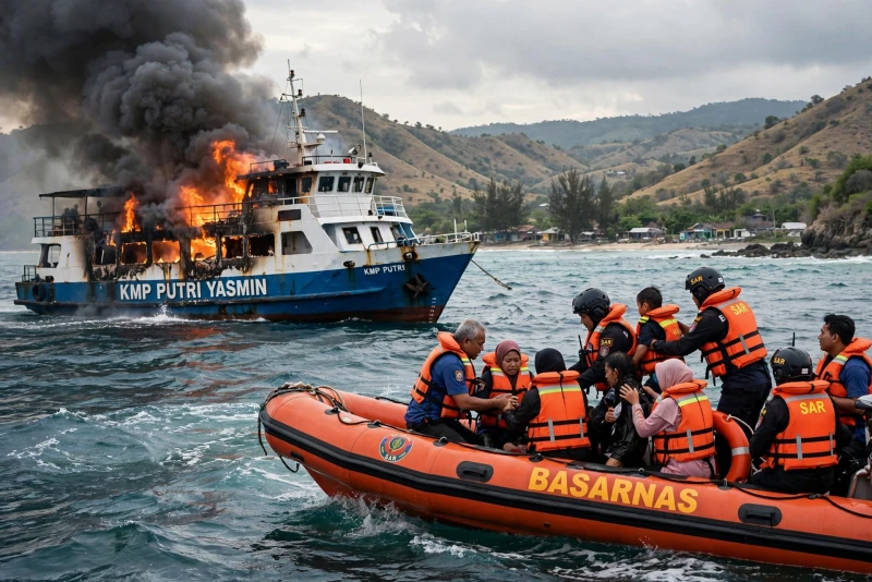 KMP Putri Yasmin Terbakar: Tim SAR Dikerahkan di Pantai Sekotong