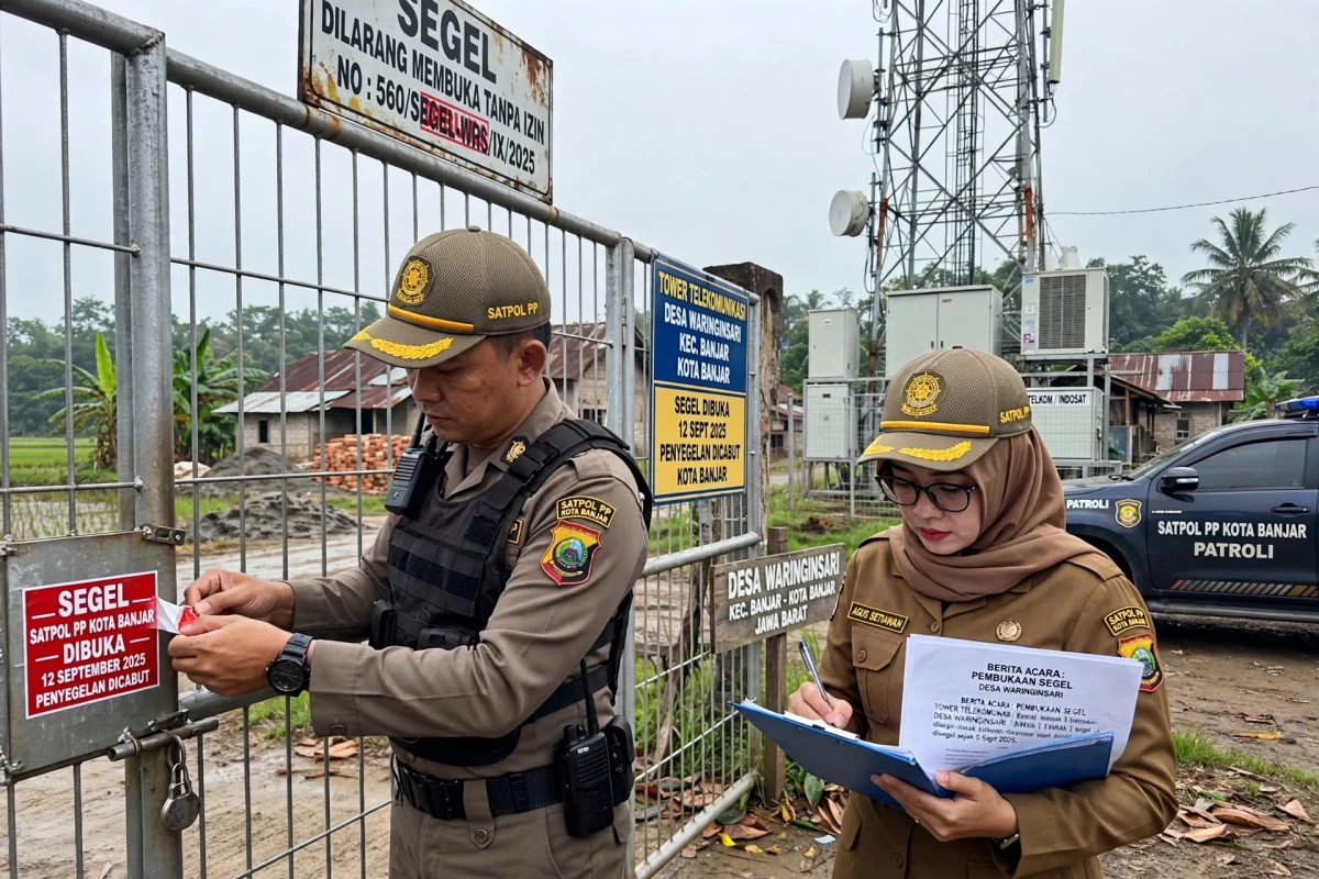 Satpol PP Kota Banjar Buka Segel Bangunan Tower di Waringinsari