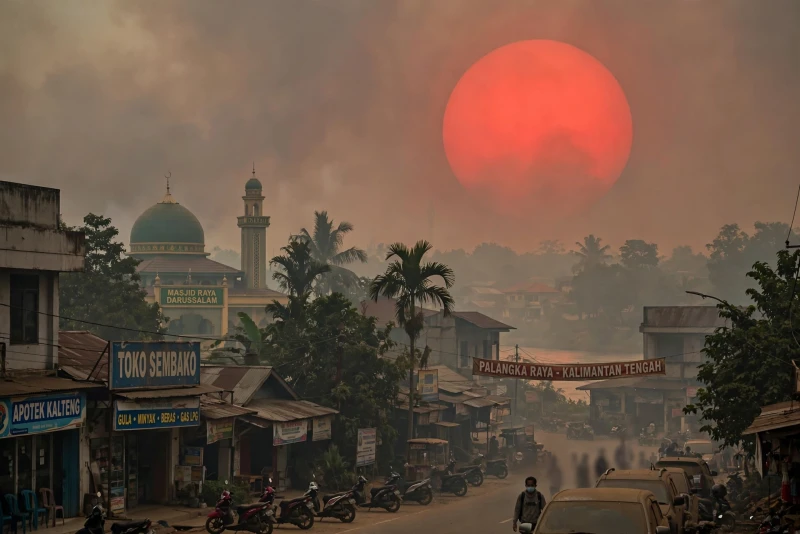 Matahari Merah Menyala di Langit Palangka Raya Kala Karhutla