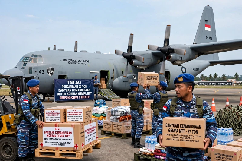 Hercules TNI AU Kirim Bantuan 27 Ton untuk Korban Gempa NTT